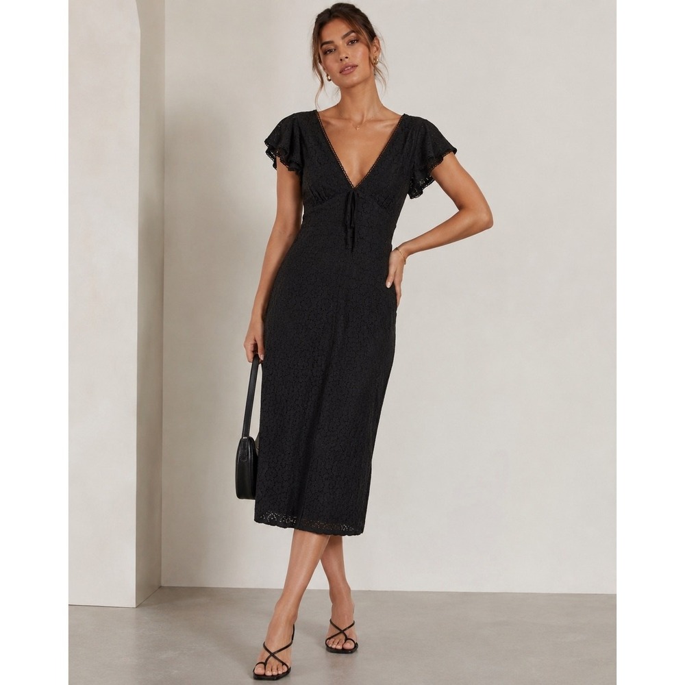 Lost + Wander Midi Dress Womens Small Black Excellent Lace Eyelet Flutter Sleeve